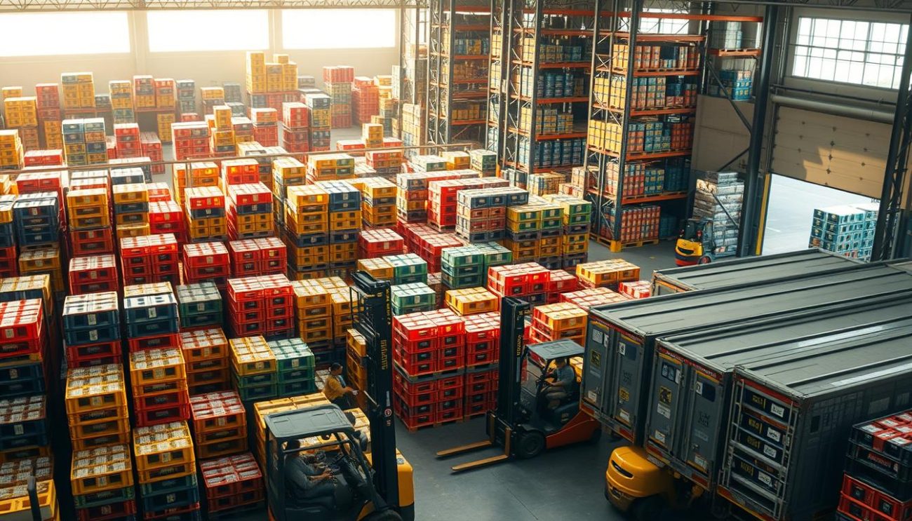 A bustling warehouse scene, with rows of stacked pallets brimming with colorful beverage crates. Forklifts expertly navigate the aisles, loading the bulk orders onto waiting delivery trucks. Bright, diffused lighting filters through large windows, casting a warm glow over the orderly chaos. In the foreground, workers meticulously check inventory and prepare the shipments, ensuring efficient, streamlined processing. The background showcases the scale of the operation, with towering shelves and a well-organized storage system. An atmosphere of productivity and precision pervades the scene, reflecting the reliable, high-quality service of a trusted wholesale partner.