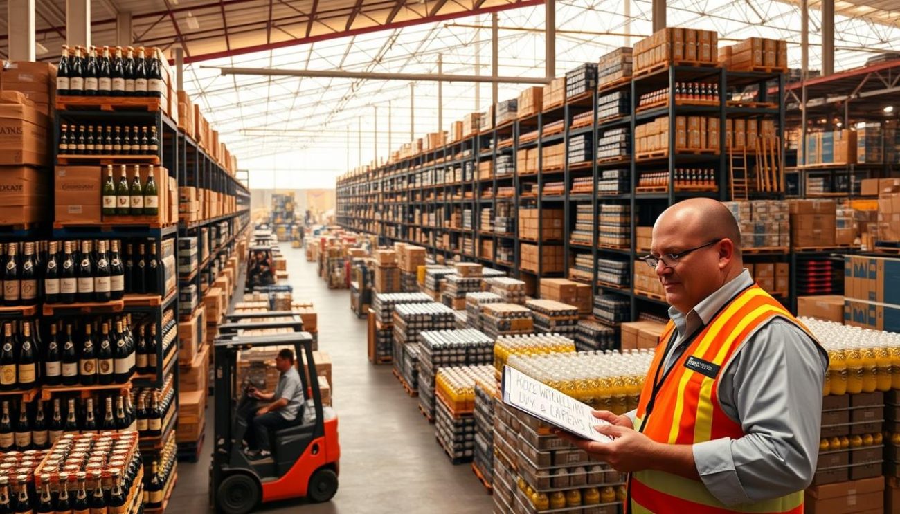 A bustling wholesale beverage distribution center, bathed in warm, diffused lighting from large overhead windows. Rows of neatly stacked crates and pallets filled with an assortment of bottled beverages - from sparkling wines and champagnes to juices and sodas. Forklift operators deftly maneuver through the warehouse, efficiently loading and unloading shipments. In the foreground, a supervisor overseeing the operation, clipboard in hand, ensuring smooth logistical coordination. The background reveals a vast, organized storage space, with towering shelves and crisscrossing conveyor belts transporting the products. A sense of efficiency, precision, and the steady pulse of a well-oiled distribution network.