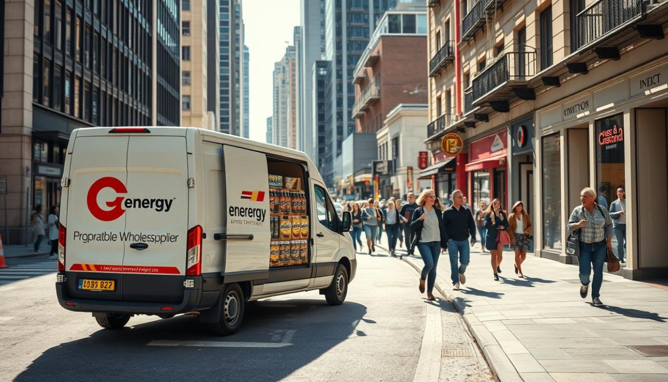 A busy city street on a sunny day, with a delivery van prominently displayed in the foreground. The van is packed with crates of energy drinks, its side emblazoned with the logo of a reputable wholesale supplier. In the middle ground, pedestrians and passersby hurry along the sidewalk, creating a sense of energy and movement. The background features a mix of modern high-rise buildings and older, charming storefronts, suggesting an urban setting. The lighting is bright and natural, casting long shadows and highlighting the vibrant colors of the delivery van and its cargo. The overall scene conveys a sense of efficiency, reliability, and a commitment to excellent customer service.