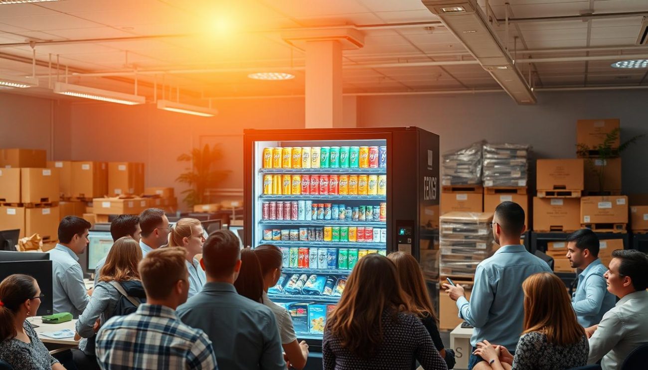 A busy office setting, with a prominent vending machine in the center. Employees gather around, fueling their productivity with a variety of energy drinks and snacks. The machine is well-stocked, with colorful cans and packages displayed behind the glass. Bright overhead lighting casts a warm glow, creating a vibrant, energetic atmosphere. In the background, desks and computer stations suggest a thriving workspace, while a glimpse of cardboard boxes and pallets hints at the efficient logistics behind the scenes, ensuring a steady supply of energizing beverages. The scene conveys the vital role of the vending machine in sustaining workplace productivity and focus.
