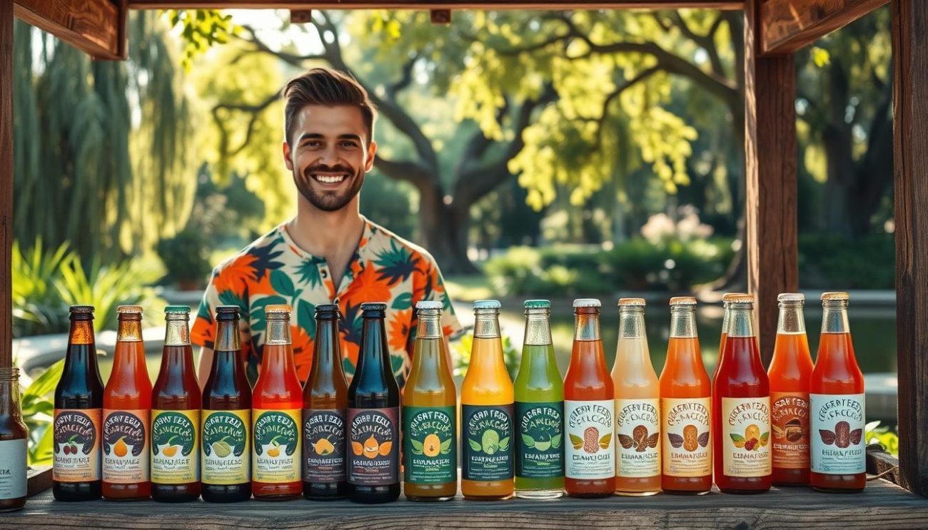 A cheerful eco-friendly energy drink vendor stands behind a rustic wooden stall, surrounded by lush greenery and a warm natural light. The vendor wears a vibrant organic cotton shirt, their face radiating positivity as they offer an array of sustainably-sourced energy drinks in reusable glass bottles. In the middle ground, a display showcases the drinks' vibrant colors and impactful labels highlighting their organic, plant-based ingredients. The background features a serene, sun-dappled garden setting, with towering trees and a tranquil pond, conveying a sense of harmony between the product and the environment.