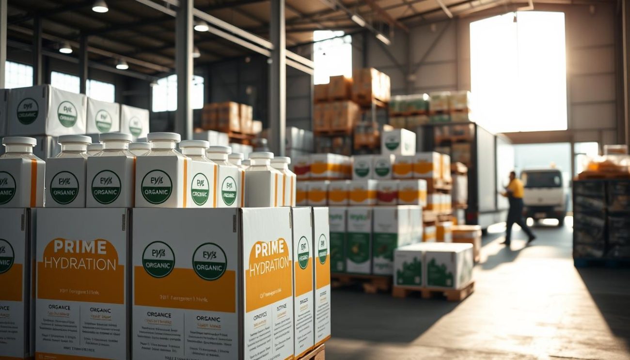 A clean, well-organized warehouse filled with neatly stacked pallets of organic beverage products, the certification seal prominently displayed on each package. Soft, natural lighting filters in through large windows, casting a warm glow over the scene. In the foreground, a pallet of prime hydration drinks, their sleek, minimalist design showcasing the sugar-free, organic, and functional ingredients within. The middle ground features additional pallets of assorted organic juices and tonics, their labels highlighting the high-quality, ethically sourced ingredients. In the background, the warehouse workers carefully load the pallets onto a delivery truck, ready to ship these premium, certified organic beverages to eager customers across Europe.