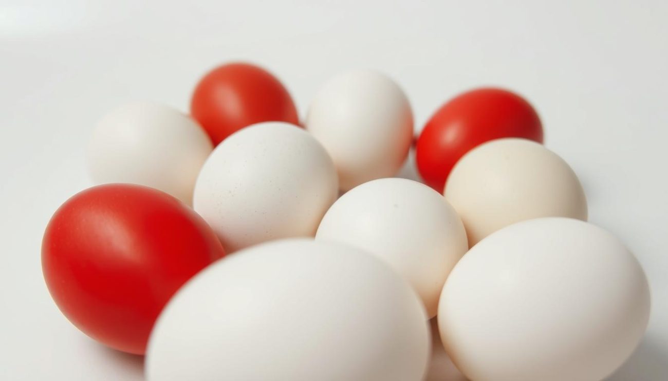 A close-up view of several white and red chicken eggs, shot with a macro lens against a clean, bright background. The eggs are arranged in a visually balanced composition, with the contrasting colors and textured shells creating an aesthetically pleasing arrangement. Soft, even lighting illuminates the scene, gently highlighting the subtle variations in the eggshells' surfaces and the glossy, reflective quality of the whites. The image conveys a sense of simplicity, clarity, and attention to detail, inviting the viewer to appreciate the natural beauty and differences between the white and red eggs.