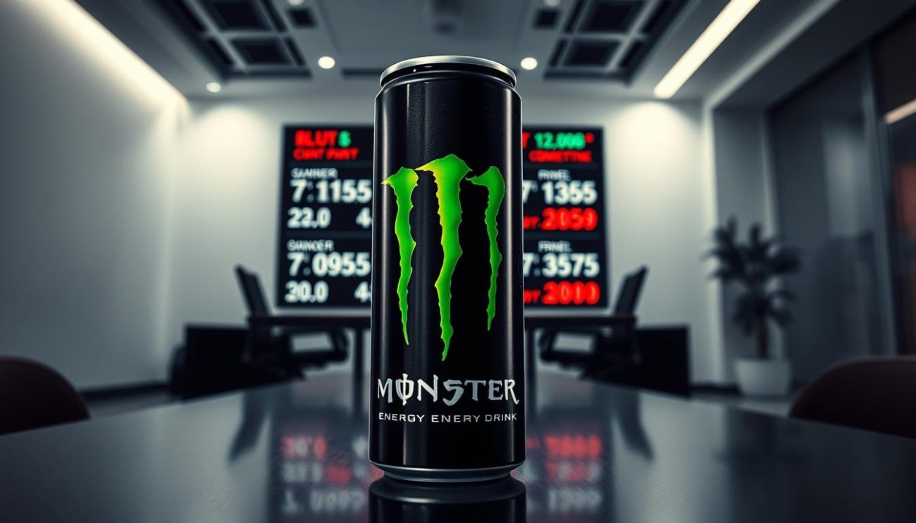 A competitive pricing strategy in the energy drink market, showcased through a dynamic, high-contrast visual. In the foreground, a can of Monster Energy Drink prominently displayed, its bold green and black design radiating a sense of power and intensity. The middle ground features a digital display showing various pricing options, highlighting the competitive nature of the market. The background sets the scene with a sleek, minimalist office environment, conveying a professional, business-savvy atmosphere. Dramatic lighting casts dramatic shadows, emphasizing the strategic, deliberate nature of the pricing strategy. A sense of urgency and determination permeates the scene, reflecting the competitive landscape of the energy drink industry.