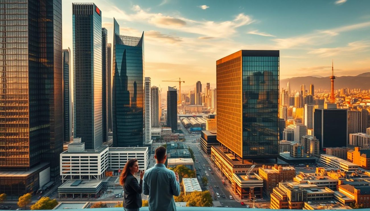 A comprehensive market analysis of Spain, showcasing a dynamic cityscape with towering skyscrapers, bustling streets, and a vibrant commercial district. In the foreground, a group of business professionals engrossed in discussion, surrounded by charts, graphs, and data visualizations that illuminate the economic landscape. The middle ground features a sleek, modern office building, its glass facade reflecting the changing sky. In the background, a panoramic view of the city skyline, bathed in warm, golden lighting that creates a sense of prosperity and growth. The overall atmosphere conveys a deep understanding of the Spanish market, its opportunities, and the strategic insights that drive business decisions.