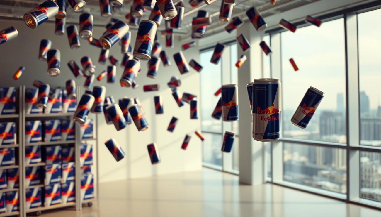 A constant flow of Red Bull cans cascading down against a backdrop of a modern, minimalist office setting. The cans glide through the air in a seamless, choreographed motion, illuminated by warm, diffused lighting from overhead. The middle ground features a sleek, metal shelving unit stocked with neatly organized Red Bull cases, while the background showcases a panoramic window with a cityscape view. The overall atmosphere conveys a sense of efficiency, productivity, and an unwavering supply of the popular energy drink.