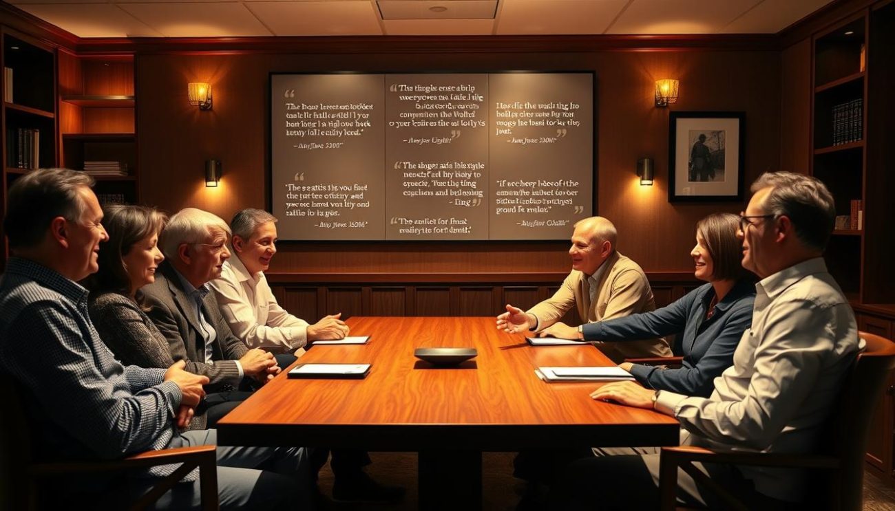 A cozy and intimate office setting, with warm lighting casting a soft glow. In the foreground, several people sit around a polished wooden table, engaged in conversation and exchanging handshakes. Their expressions convey a sense of trust and satisfaction. In the middle ground, a wall-mounted display showcases testimonials from satisfied clients, their words illuminated by subtle wall sconces. The background features bookshelves and framed artwork, creating a professional yet inviting atmosphere. The overall scene exudes a feeling of collaborative success and mutual appreciation between the company and its partners.
