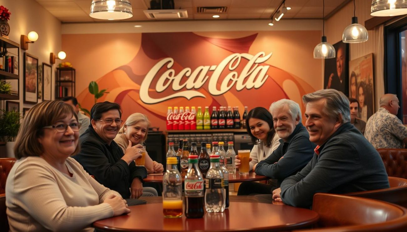 A cozy and inviting café interior, with warm lighting and a cheerful atmosphere. In the foreground, a group of satisfied customers seated around a table, engaged in lively conversation and sipping on beverages. The middle ground features a display of various Coca-Cola products, neatly arranged and prominently showcased. The background depicts a mural or artwork, showcasing the brand's vibrant and iconic imagery. The overall scene conveys a sense of contentment, trust, and a positive customer experience.