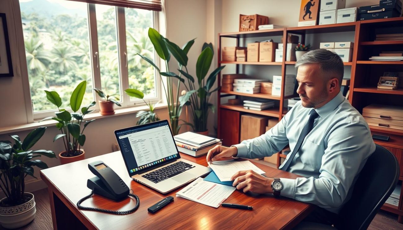 A cozy office setting with a hardwood desk, potted plants, and a large window overlooking a lush, tropical landscape. In the foreground, a professional-looking man in a collared shirt and tie sits at the desk, intently reviewing order forms and documents. On the desk, a laptop displays an e-commerce platform, and a telephone and pen rest nearby. The lighting is soft and warm, creating a welcoming atmosphere. In the background, shelves hold shipping labels, packaging materials, and other export-related supplies. The overall scene conveys the efficient, yet personalized ordering process of a trusted coconut milk exporter.