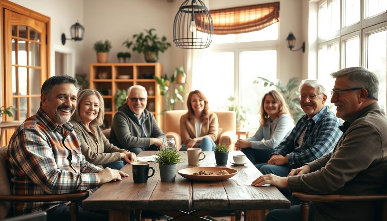 A cozy, sun-drenched setting with a group of satisfied customers sharing their heartfelt testimonies. In the foreground, a diverse cast of individuals - men and women of different ages and backgrounds - seated comfortably around a rustic wooden table, their faces alight with genuine smiles as they engage in lively conversation. The middle ground features a well-appointed room with warm, inviting decor, including plush armchairs, potted plants, and natural wood accents. In the background, a large window floods the space with soft, diffused natural light, creating a sense of serenity and contentment. The overall mood is one of trust, rapport, and a shared sense of satisfaction, as the customers' testimonies reflect their positive experiences and appreciation for the quality and service provided.