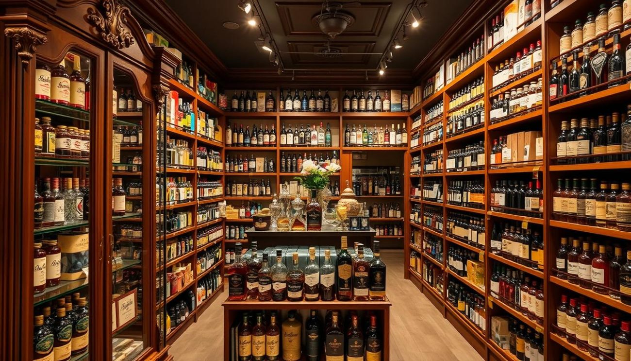 A cozy, well-stocked specialty imports and beverages store, with floor-to-ceiling shelves displaying a diverse array of premium liquors, wines, and international gourmet items. Soft, warm lighting illuminates the rich wood tones and brass accents, creating an inviting, upscale atmosphere. In the foreground, a large, ornate wood-and-glass display cabinet showcases a selection of premium whiskeys, including Ballantine's. The middle ground features various glass bottles and jars of exotic spices, teas, and other gourmet foods. The background is filled with rows of neatly organized shelves stocked with an abundance of unique and hard-to-find beverages from around the world.