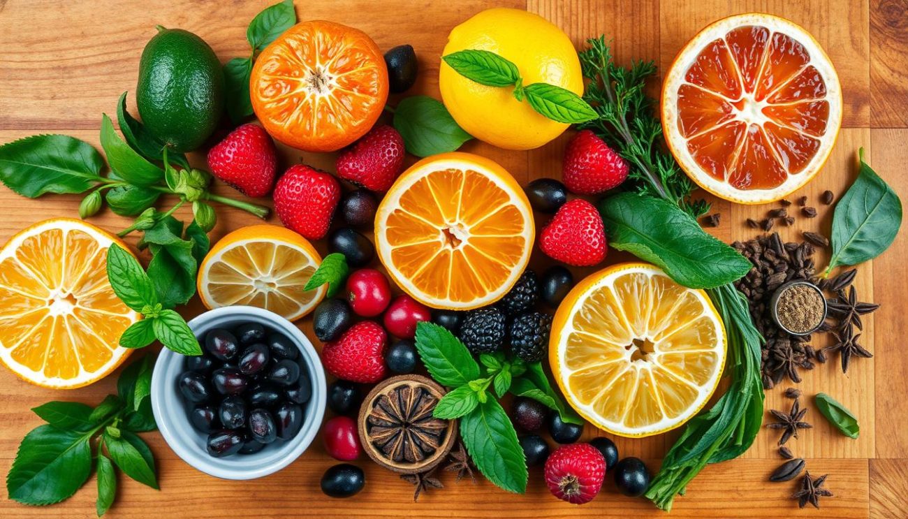 A crisp, top-down view of an assortment of organic beverage ingredients, artfully arranged on a warm wooden surface. Ripe citrus fruits, lush berries, vibrant herbs, and aromatic spices are carefully placed, showcasing their natural beauty. Soft, diffused lighting casts gentle shadows, highlighting the textures and vibrant colors. The scene exudes a sense of health, quality, and craftsmanship, conveying the essence of sugar-free, organic, and functional ingredients.