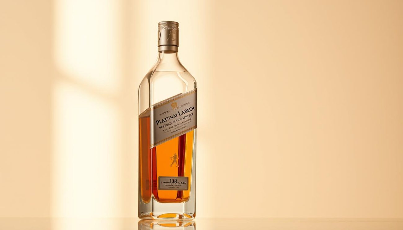 A crystal clear glass bottle with the iconic Johnnie Walker label prominently displayed, showcasing the rich amber hue of the Platinum Label blended Scotch whisky. The bottle is set against a clean, minimalist background, allowing the product to take center stage. Soft, warm lighting casts a gentle glow, highlighting the premium quality and craftsmanship of this exclusive expression from the renowned Johnnie Walker brand. The composition exudes a sense of sophistication and elegance, reflecting the characteristics of the Platinum Label - a harmonious blend of rare and exceptional whiskies, designed to be savored and appreciated.
