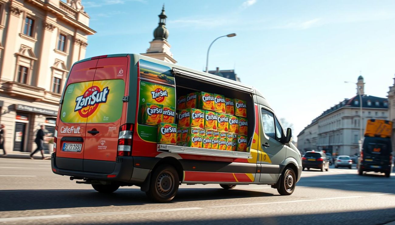 A delivery van navigates the bustling streets of Vienna, Austria, carrying a fresh shipment of iconic Capri Sun juice pouches. The van's sleek design and vibrant colors stand out against the historic European cityscape, hinting at the reliable, efficient service of Zeki Frucht, a trusted Capri Sun wholesaler serving the local community. Sunlight filters through the van's windows, casting a warm glow on the neatly stacked boxes of Capri Sun, ready to be distributed to eager customers. The scene evokes a sense of timely delivery, quality products, and the company's commitment to providing Viennese residents with their beloved Capri Sun refreshments.