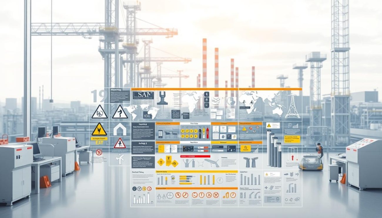 A detailed blueprint for industrial safety standards, showcasing a meticulously organized array of warning signs, protective equipment, and regulatory guidelines. The foreground features a clean, well-lit workspace with streamlined machinery and workstations. The middle ground highlights a comprehensive infographic detailing various safety protocols, color-coded for clarity. In the background, an imposing yet sleek industrial landscape sets the tone, with towering structures and precise geometric patterns evoking a sense of order and professionalism. Soft, diffused lighting casts an authoritative yet inviting glow, emphasizing the importance of these safety norms. The overall composition conveys a harmonious balance between functionality and visual appeal, underscoring the critical role of well-designed safety standards in modern industrial settings.