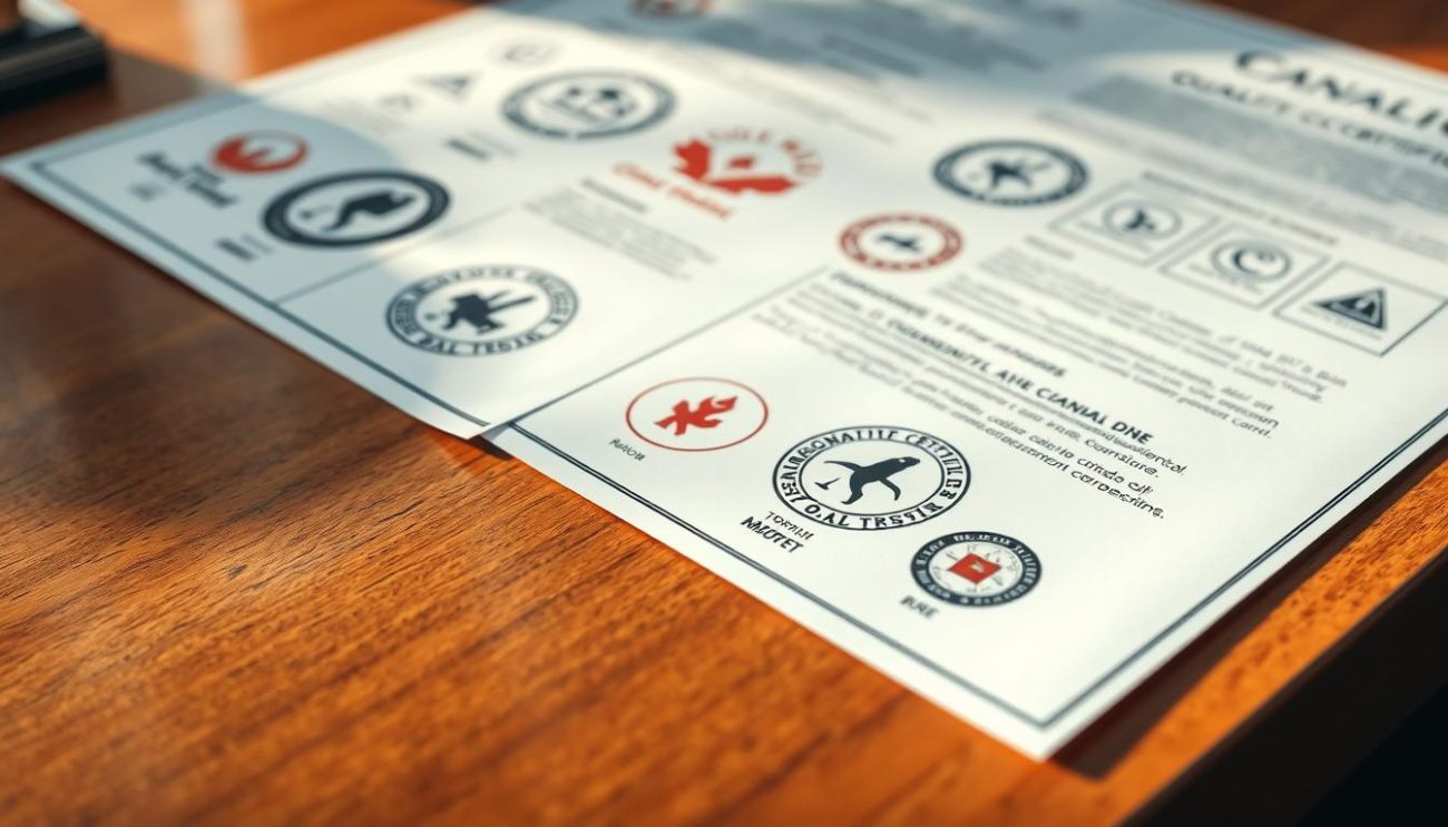 A detailed close-up of quality certification documents, including various stamps, seals, and official-looking insignia. The papers are neatly arranged on a polished wooden desk, illuminated by soft, diffused lighting that casts subtle shadows. The composition emphasizes the credibility and legitimacy conveyed by these certifications, creating a sense of professionalism and reliability. The background is slightly blurred, keeping the focus on the certifications as the central subject. The overall mood is one of authority, trust, and attention to detail, reflecting the importance of regulatory compliance in the canola oil industry.