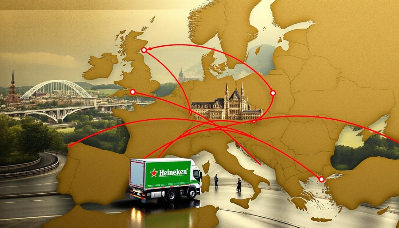 A detailed map of Europe with Heineken's distribution network prominently displayed. The map is rendered in a muted, earthy color palette, with bold crimson lines tracing Heineken's extensive supply routes across the continent. In the foreground, a fleet of Heineken-branded delivery trucks navigates winding city streets, their reflections shimmering on the wet pavement. The middle ground features picturesque European cityscapes, each city's skyline recognizable by its iconic landmarks. In the background, rolling hills and lush forests create a scenic, pastoral backdrop, suggesting the broad geographical reach of Heineken's operations. The overall composition conveys a sense of Heineken's robust logistical capabilities and its status as a preeminent pan-European beverage distributor.
