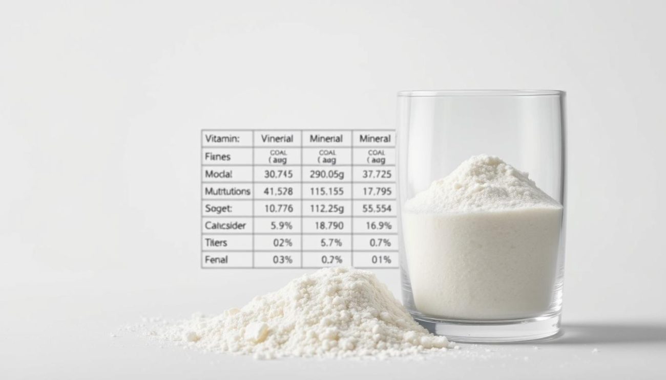 A detailed nutritional profile of goat milk powder displayed on a clean, white background. In the foreground, a glass container filled with the fine, powdery texture of the goat milk powder, illuminated by soft, even lighting. In the middle ground, a grid of numerical data and information presenting the key vitamins, minerals, proteins, and other macronutrients found in the powder, laid out in a clear, legible manner. The background features a subtle, gradient-based texture to provide visual interest without distracting from the central elements. The overall composition conveys a sense of scientific precision and nutritional transparency, appropriate for illustrating the section on the powder's nutritional profile.