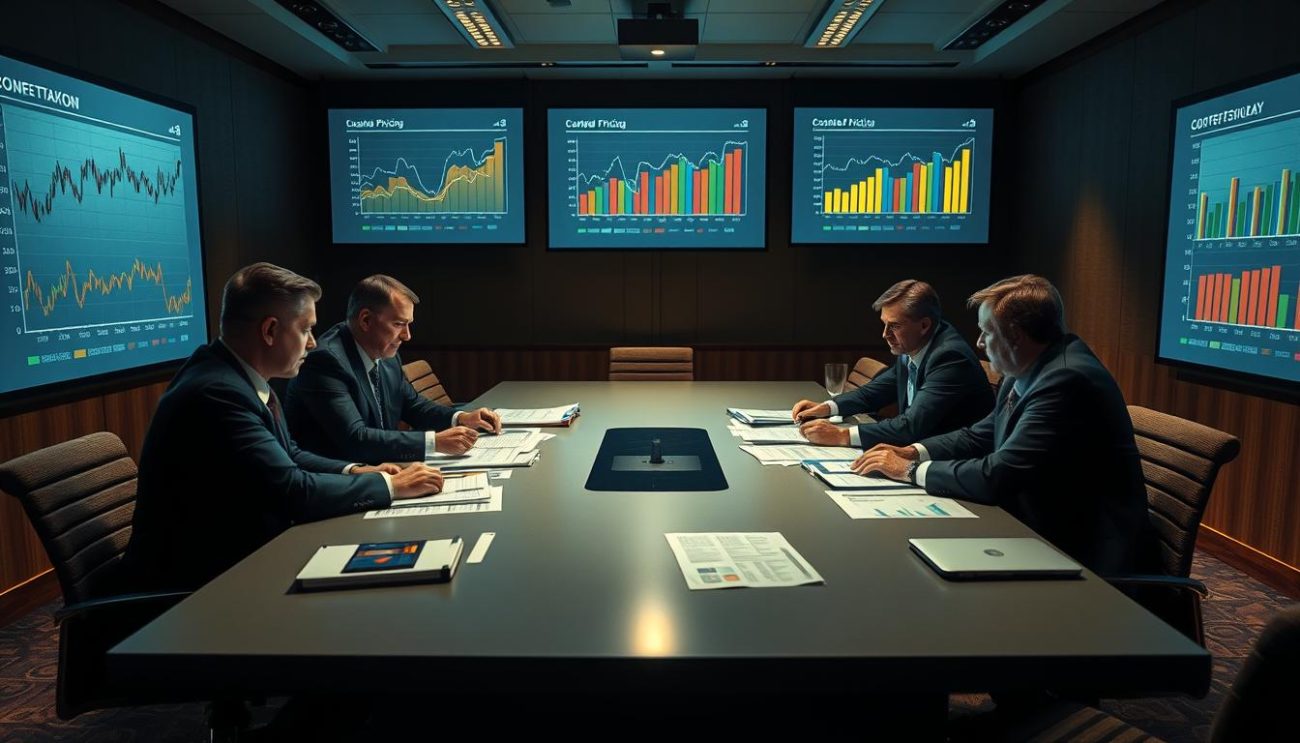 A dimly lit conference room, the air thick with the scent of coffee and paperwork. In the center, a sleek table is flanked by executives in tailored suits, their faces etched with concentration as they pore over spreadsheets and graphs. On the walls, projections of colorful line charts and bar graphs, each representing the competitive pricing strategies of leading beverage suppliers. The lighting is warm and focused, casting a sense of urgency and importance over the proceedings. The scene is captured with a wide-angle lens, conveying the gravity of the moment as these decision-makers navigate the complexities of the industry.