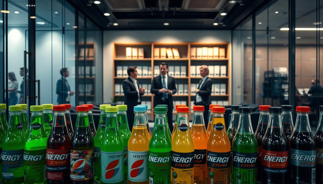 A dimly lit corporate office interior, with sleek glass walls and modern furniture. In the foreground, a well-stocked display of various energy drink bottles, their vibrant colors and labels prominently featured. In the middle ground, a group of businesspeople in formal attire engaged in a serious discussion, gesturing towards the energy drink display. The background features shelves of legal documents and regulations, casting an authoritative atmosphere. Soft, directional lighting illuminates the scene, emphasizing the professionalism and gravity of the legal requirements surrounding the sale of energy drinks.