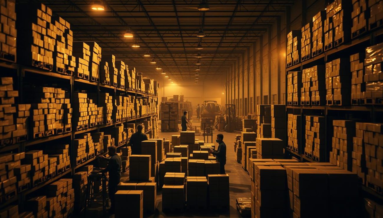 A dimly lit warehouse with stacks of cardboard boxes and crates lining the shelves. In the foreground, a group of workers meticulously arranging and securing the packages, preparing them for shipment. The scene is bathed in a warm, golden glow from strategically placed overhead lighting, casting long shadows and highlighting the intricate patterns of the stacked goods. In the background, the faint outlines of forklifts and other equipment can be seen, creating a sense of bustling activity. The overall atmosphere conveys efficiency, organization, and the importance of B2B keyword research strategies in driving successful distribution and logistics.