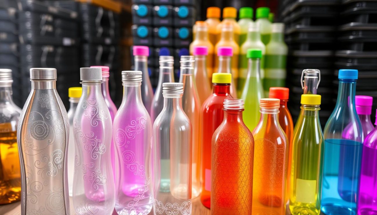 A display of innovative custom plastic bottle designs, showcasing a variety of shapes, textures, and colors. In the foreground, an arrangement of sleek, ergonomic bottles with intricate embossed patterns reflecting the light, creating a visually striking display. In the middle ground, a selection of translucent bottles in vibrant hues, each with a unique cap design that adds a touch of personality. In the background, stacks of these custom bottles, ready to be shipped, highlighting their versatility and the company's ability to provide tailored packaging solutions.