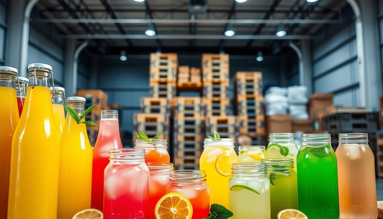 A diverse array of lemonade flavors arranged in a visually appealing display. In the foreground, a variety of glass bottles and jars filled with vibrant yellow, pink, and green lemonade. Overhead lighting casts a warm, natural glow, highlighting the alluring colors and textures. In the middle ground, crates and boxes stacked neatly, ready to be shipped out, showcasing the bulk availability of these unique lemonade offerings. The background features a clean, modern warehouse setting, with a focus on efficiency and organization, conveying the trustworthiness of the wholesale partner. The overall mood is one of excitement and anticipation, inviting the viewer to explore the diverse range of flavors and experience the joy of lemonade.