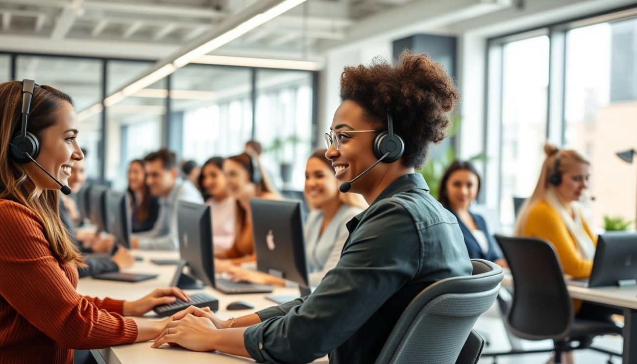 A diverse team of customer service professionals in a bright, modern office space. In the foreground, agents with warm, friendly expressions are assisting customers via phone, email, and live chat, showcasing their expertise and dedication. The middle ground features a collaborative workspace with colleagues working together seamlessly. The background depicts a sleek, well-appointed office environment with large windows, allowing natural light to flood the space and create a welcoming, inviting atmosphere. The overall scene conveys a sense of efficiency, professionalism, and a commitment to providing exceptional customer service.