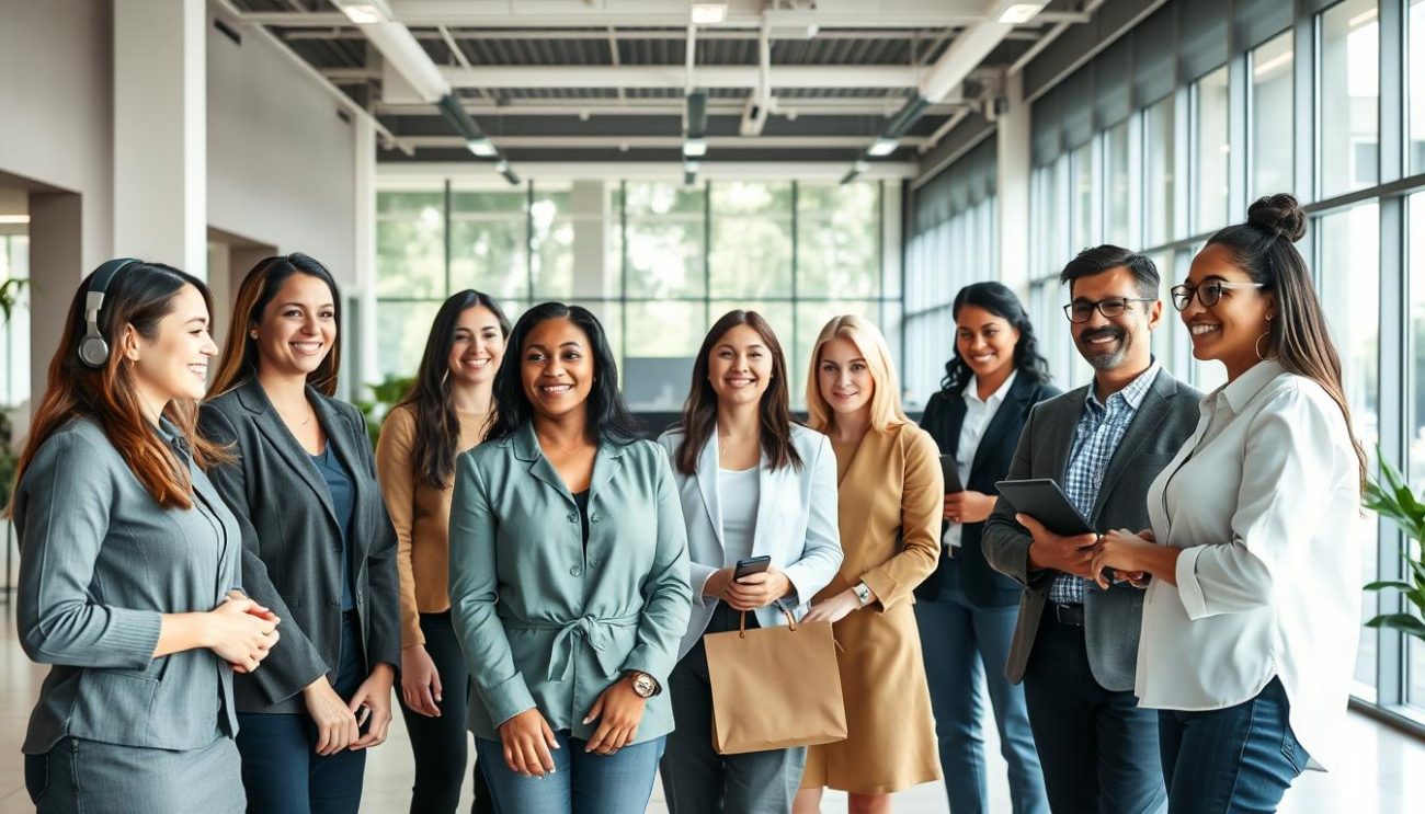 A diverse team of customer service professionals standing in a bright, modern office. In the foreground, a group of smiling representatives dressed in professional attire, engaged in friendly conversation and assisting customers. In the middle ground, a sleek customer service counter with efficient-looking workstations. The background features floor-to-ceiling windows, allowing natural light to flood the space and create a welcoming, approachable atmosphere. The team's body language and facial expressions convey a sense of competence, empathy, and a genuine desire to provide exceptional service. The overall scene is captured with a wide-angle lens, emphasizing the collaborative, customer-centric nature of the workspace.