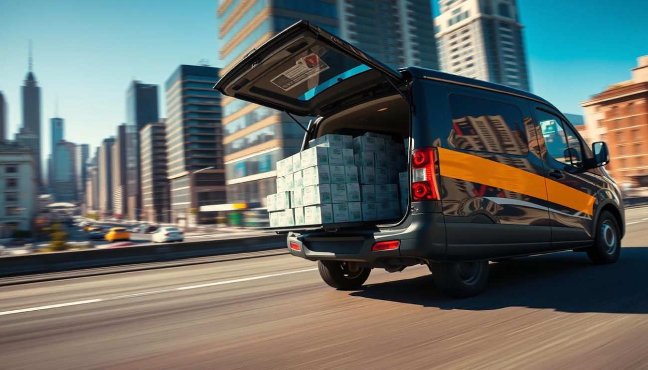 A dynamic courier vehicle races through a bustling urban landscape, its sleek exterior gleaming under the warm glow of natural sunlight. In the foreground, a stack of neatly packaged deliveries sits securely within the vehicle's cargo hold, ready to be swiftly transported to their destinations. The middle ground features a cityscape of towering skyscrapers and busy streets, conveying a sense of efficiency and modern logistics. The background showcases a clear blue sky, adding a sense of openness and unencumbered movement. The overall atmosphere suggests a reliable, expedient, and tech-savvy delivery service, perfectly suited to meet the demands of the Ace of Spades Champagne wholesale operation.