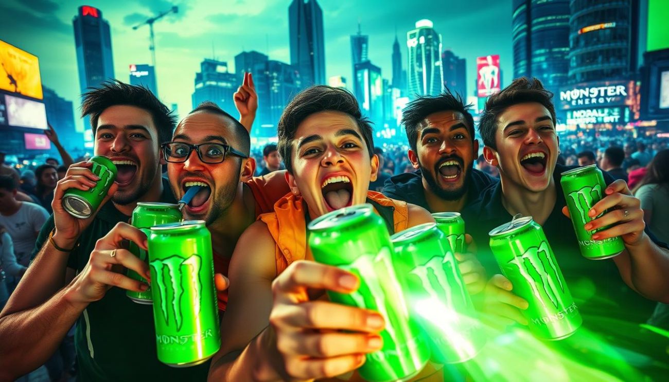 A dynamic, energetic scene showcasing the widespread popularity of Monster Energy drinks. In the foreground, a group of young, active individuals enthusiastically consuming the iconic green cans, their expressions radiating excitement and vitality. In the middle ground, a bustling urban environment with skyscrapers, neon lights, and a lively crowd of people reflecting the drink's urban, high-energy appeal. The background features a vibrant, futuristic cityscape bathed in a vivid, electric color palette, emphasizing the brand's edgy, modern aesthetic. Dramatic, directional lighting casts dramatic shadows, heightening the sense of movement and dynamism. The overall composition conveys the drink's position as a must-have, trendy beverage that fuels an active, youthful lifestyle.