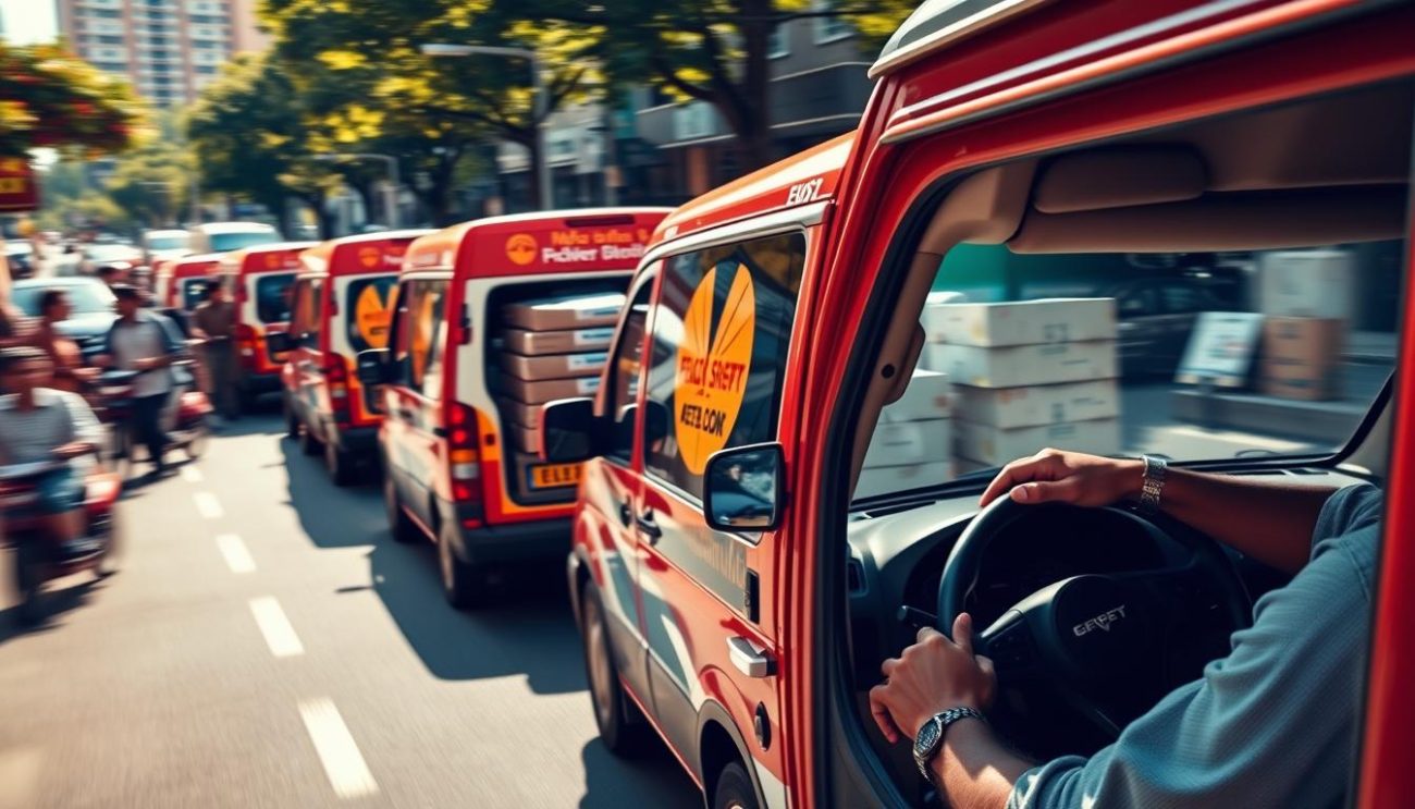 A fleet of delivery vans swiftly navigating through a bustling city street, their vibrant logos and graphics catching the eye. In the foreground, a driver expertly maneuvers the vehicle, their hands firmly gripping the steering wheel. The mid-ground showcases the diverse range of packages being loaded and unloaded, hinting at the variety of items being transported. In the background, a blur of pedestrians and other traffic emphasizes the pace and energy of the urban landscape. Warm, directional lighting casts dynamic shadows, creating a sense of momentum and efficiency. The overall scene conveys the reliable, fast-paced nature of the delivery services, ready to meet the demands of the modern consumer.