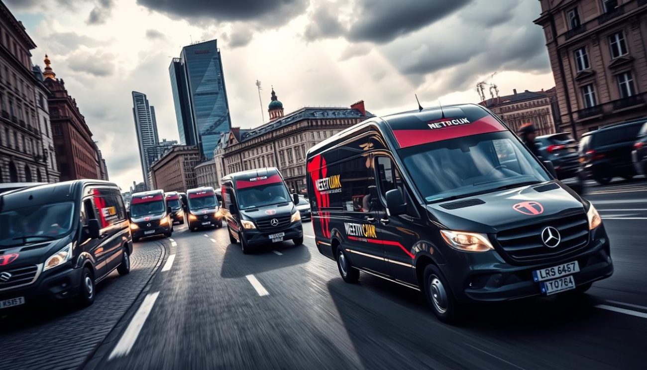 A fleet of high-speed delivery vans racing through a bustling European cityscape, weaving through traffic under a dramatic, stormy sky. The vehicles sport the bold, dynamic branding of a reputable energy drink supplier, their drivers focused and determined to reach their destinations on time. In the foreground, a low-angle shot captures the vehicles' sleek silhouettes and powerful engines, conveying a sense of efficiency and reliability. The middle ground reveals the urban landscape, with towering skyscrapers, cobblestone streets, and pedestrians hurrying about their day. The background is dominated by a moody, cinematic sky, with ominous clouds and shafts of light cutting through, heightening the urgency and immediacy of the scene.