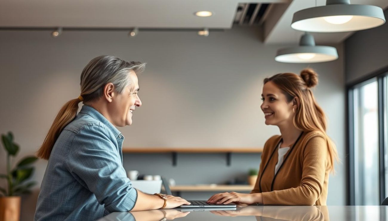 A friendly customer service representative greets a customer across the counter in a modern, well-lit office. The representative's face is warm and welcoming, their body language open and attentive. The customer, dressed casually, appears relaxed and satisfied. The background features a sleek, minimalist design with muted tones, lending a sense of professionalism and efficiency. Soft, diffused lighting from overhead fixtures creates a calm, inviting atmosphere. The scene conveys a seamless, positive customer experience with a focus on exceptional service.