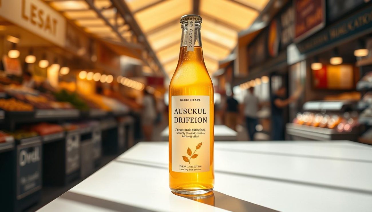 A glass bottle filled with a vibrant, golden-hued functional adaptogen drink, standing prominently on a sleek, minimalist table in a sunlit Spanish marketplace. The bottle's label features clean, modern typography and subtle floral accents, hinting at the natural, healthful ingredients within. Warm, directional lighting casts a soft glow, highlighting the drink's inviting transparency. The scene is framed by the lively activity of the market in the background, creating a sense of place and atmosphere. The overall composition conveys a premium, artisanal quality befitting a trusted Austrian supplier catering to the Spanish consumer.
