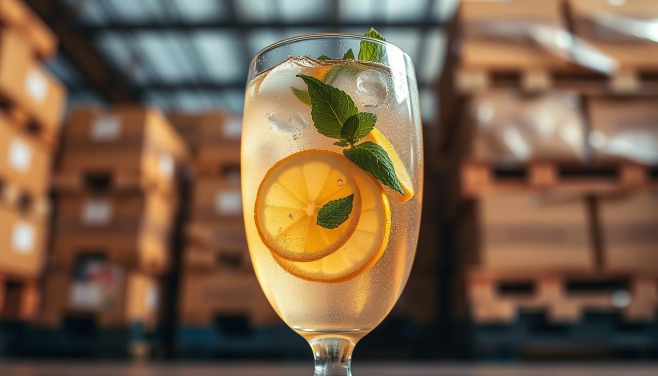 A glass filled with crystal-clear organic iced tea, condensation glistening on the surface. Sliced lemon and mint leaves floating delicately, adding a refreshing aroma. The beverage is set against a backdrop of blurred stacks of cardboard boxes, showcasing the warehouse setting. Warm, golden lighting casts a soft glow, creating a natural, inviting atmosphere. The camera angle is slightly elevated, capturing the scene from an eye-level perspective, emphasizing the handcrafted, artisanal quality of the drink. The overall mood is one of quality, freshness, and attention to detail - perfectly complementing the "Innovative Product Features" section of the article.
