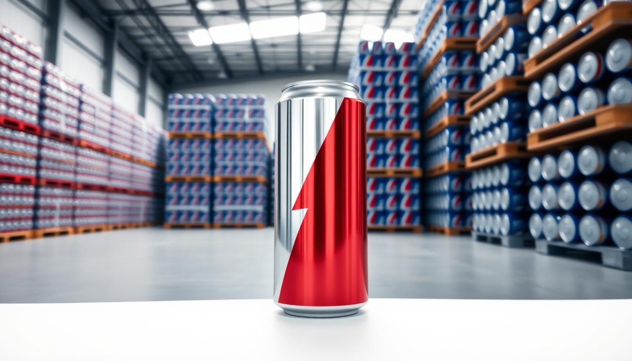 A gleaming aluminum energy drink can, its bold red and blue branding prominently displayed, rests atop a pristine white backdrop. Surrounding it, neatly stacked pallets laden with identical cans, ready to be shipped across the warehouse's expansive space. The scene is illuminated by a soft, diffused light, casting subtle shadows that accentuate the product's sleek packaging. The overall composition conveys a sense of precision, efficiency, and the high-quality standards associated with the trusted energy drink brand.
