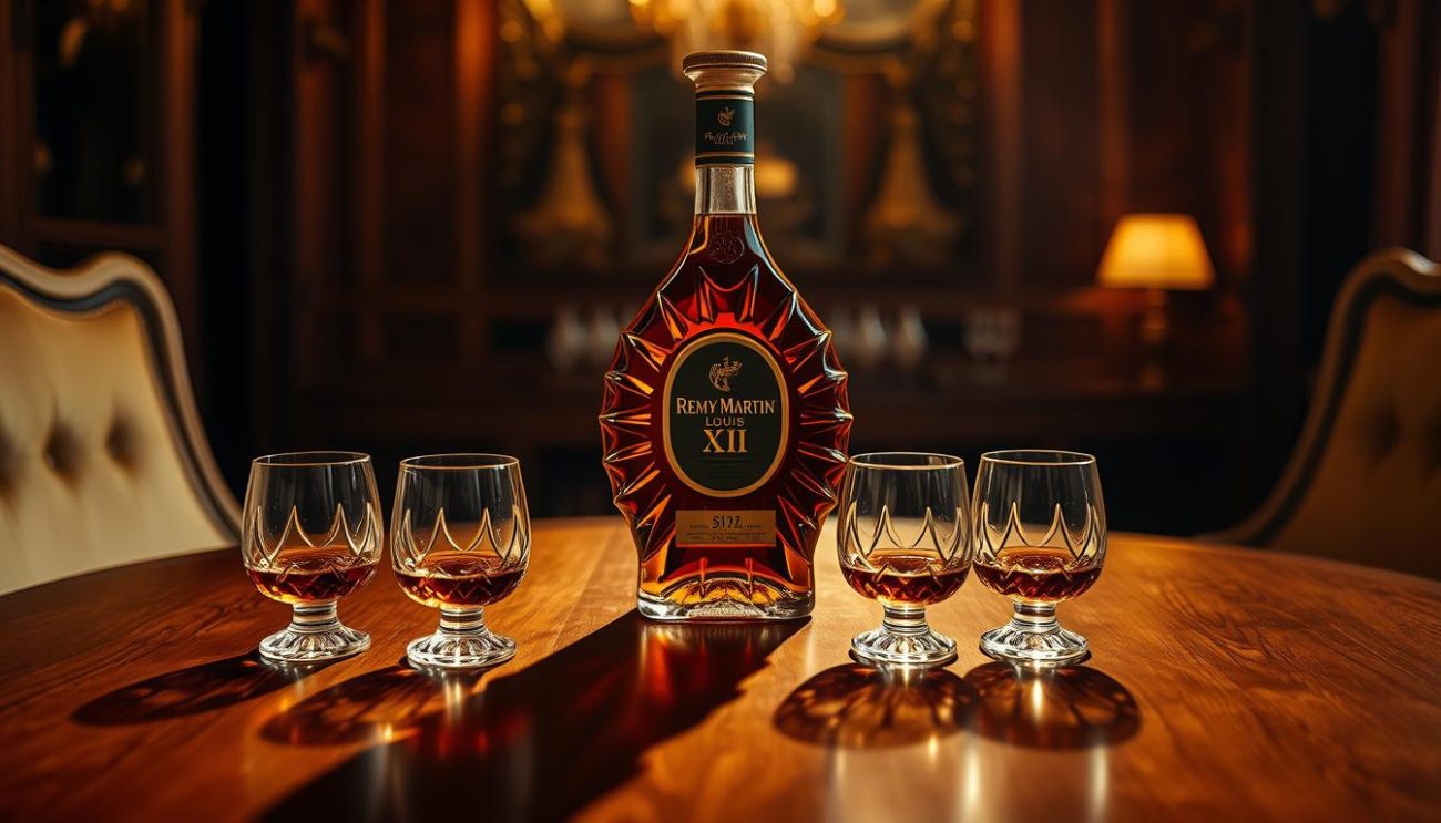 A high-angle shot of a refined wooden table, bathed in warm, golden lighting. At the center, a Rémy Martin Louis XIII cognac bottle stands tall, its elegant, decanter-like shape casting intricate shadows. Surrounding it, four crystal snifters filled with the amber liquor, each catching the light in a mesmerizing display. In the background, a blurred, luxurious setting evokes a sense of exclusivity and sophistication. The entire scene exudes an atmosphere of connoisseurship, inviting the viewer to savor the nuanced flavors and aromas of this renowned French brandy.