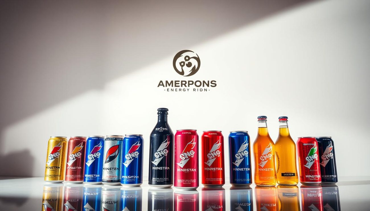 A high-angle shot of an elegant display showcasing a diverse portfolio of premium energy drink cans and bottles. The foreground features several neatly arranged cans and bottles in various bold, vibrant colors, reflecting the dynamic and refreshing nature of the products. The middle ground displays the company's logo and branding elements, conveyed through sleek, modern design. The background provides a minimalist, well-lit setting, with clean surfaces and subtle gradients, creating a sense of sophistication and premium quality. Dramatic lighting casts dynamic shadows, accentuating the three-dimensional forms and highlighting the intricate details of the packaging. The overall composition exudes a sense of professionalism, authority, and a commitment to excellence in the energy drink industry.