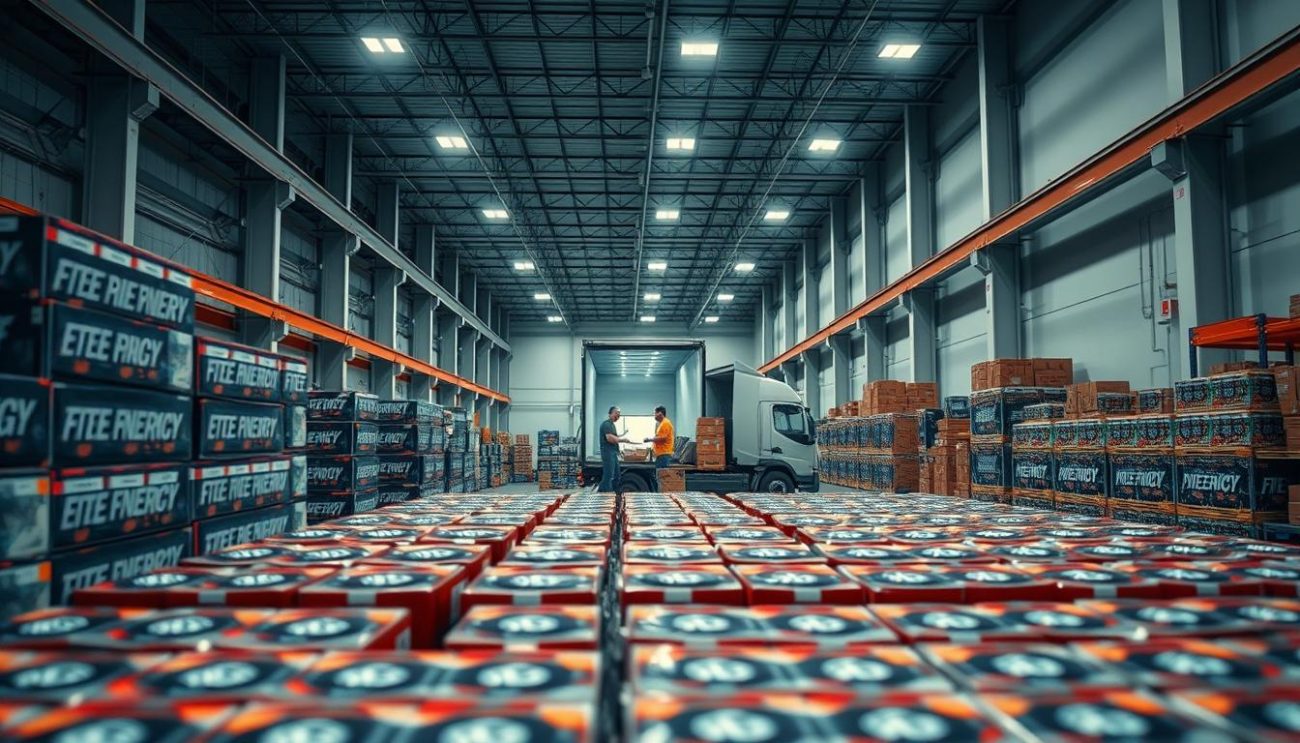 A high-angle view of a well-lit warehouse interior, with rows of neatly stacked energy drink cases in the foreground. The middle ground features a group of workers carefully loading the cases onto a waiting delivery truck, conveying a sense of efficiency and organization. The background showcases the warehouse's clean, modern architecture, with tall ceilings and industrial lighting fixtures. The overall scene exudes a professional, detail-oriented atmosphere, highlighting the competitive advantages of the energy drink supplier's wholesale operations.