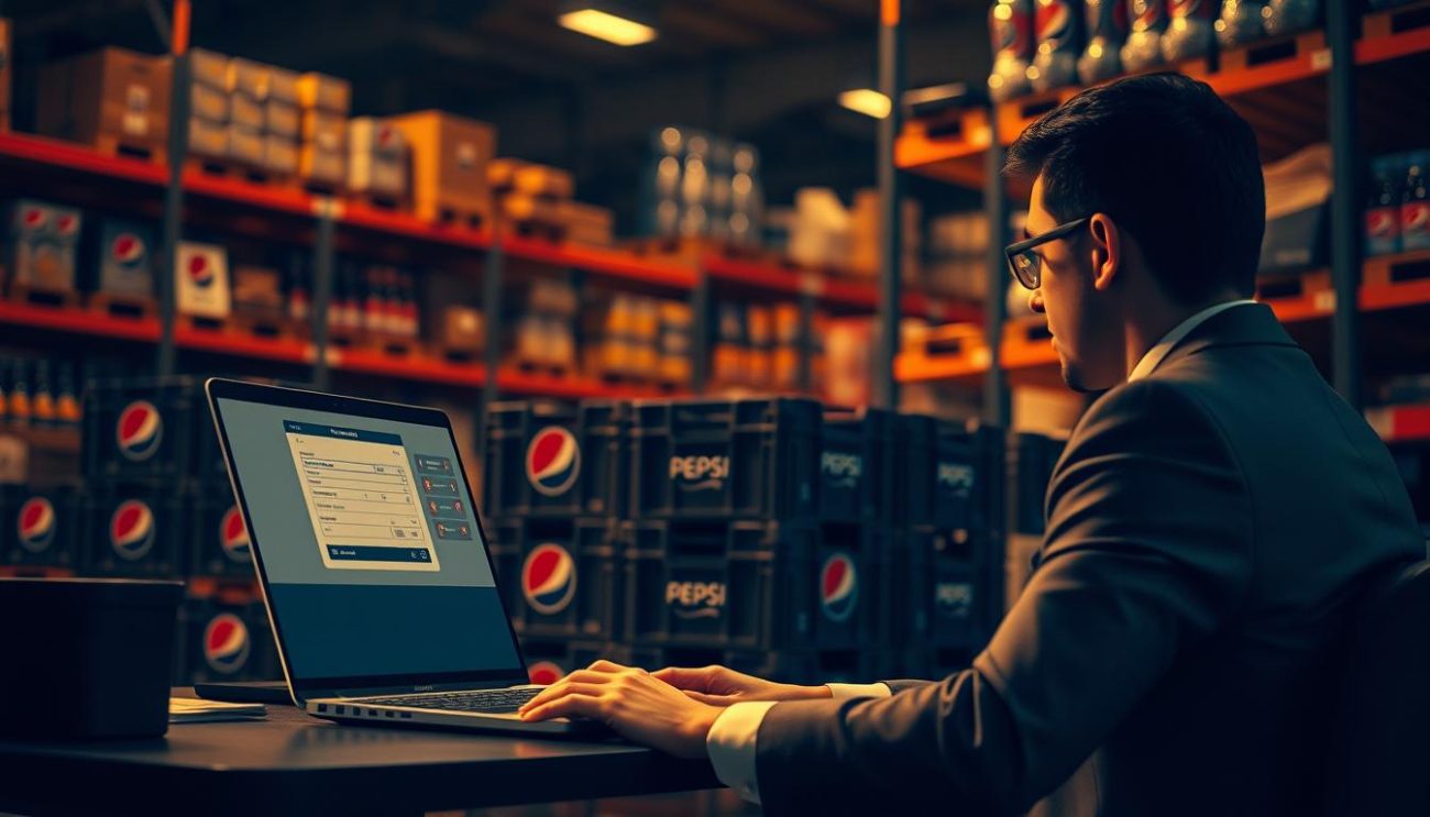 A high-contrast, cinematic scene depicting the Pepsi wholesale ordering process. In the foreground, a person in a business suit sits at a desk, focused on a laptop displaying an online order form. The middle ground features a stack of Pepsi crates, conveying the tangible goods being ordered. In the background, shelves stocked with Pepsi products suggest a well-organized warehouse setting, illuminated by warm, directional lighting that casts subtle shadows. The composition emphasizes efficiency, professionalism, and the seamless integration of digital and physical elements in the Pepsi wholesale supply chain.