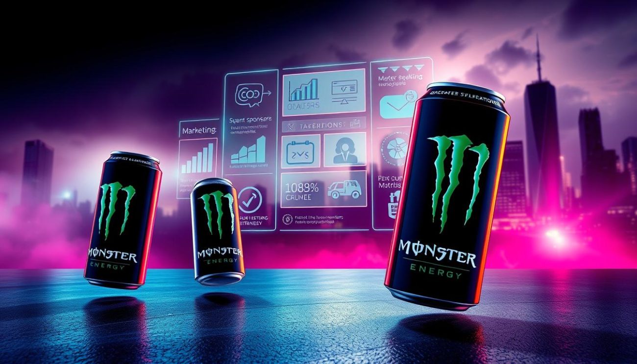 A high-contrast, dynamic composition showcasing marketing strategies for Monster Energy drink. In the foreground, cans of Monster Energy float against a futuristic, neon-tinged backdrop, casting bold, geometric shadows. The middle ground features a stylized, holographic display of graphs, charts, and icons representing various marketing tactics - social media, event sponsorship, targeted promotions. The background is a moody, urban landscape with skyscrapers and dynamic lighting, conveying a sense of energy and momentum. The overall aesthetic is sleek, vibrant, and forward-thinking, reflecting the bold, rebellious spirit of the Monster Energy brand.