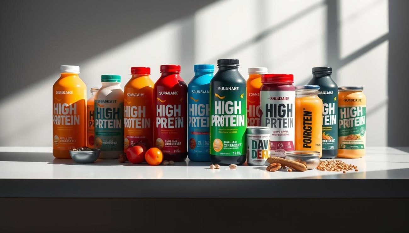 A high-contrast, hyper-realistic image of an assortment of high-protein drinks displayed on a clean, white tabletop. In the foreground, an array of colorful bottles and cans, their labels showcasing bold, appealing designs and nutritional information. The middle ground features a curated selection of fresh, vibrant ingredients like fruits, nuts, and supplements, subtly hinting at the healthful formulations. The background is softly blurred, drawing the viewer's focus to the central products. Dramatic side lighting casts dramatic shadows, accentuating the textures and materials. The overall mood is sophisticated, modern, and appetizing, capturing the growing appeal of premium, high-protein beverage options.