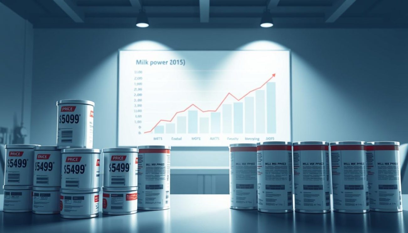 A high-contrast, realistic illustration of a competitive pricing strategy for milk powder beverages. In the foreground, a stack of cans or cartons of milk powder products, each with a price tag displayed prominently. The middle ground features a graph or chart showing price comparisons between different brands and competitors. The background depicts a clean, minimalist office or boardroom setting, with subtle lighting highlighting the key visual elements. The overall atmosphere conveys a sense of strategic analysis, data-driven decision making, and a focus on delivering value to consumers through competitive pricing.
