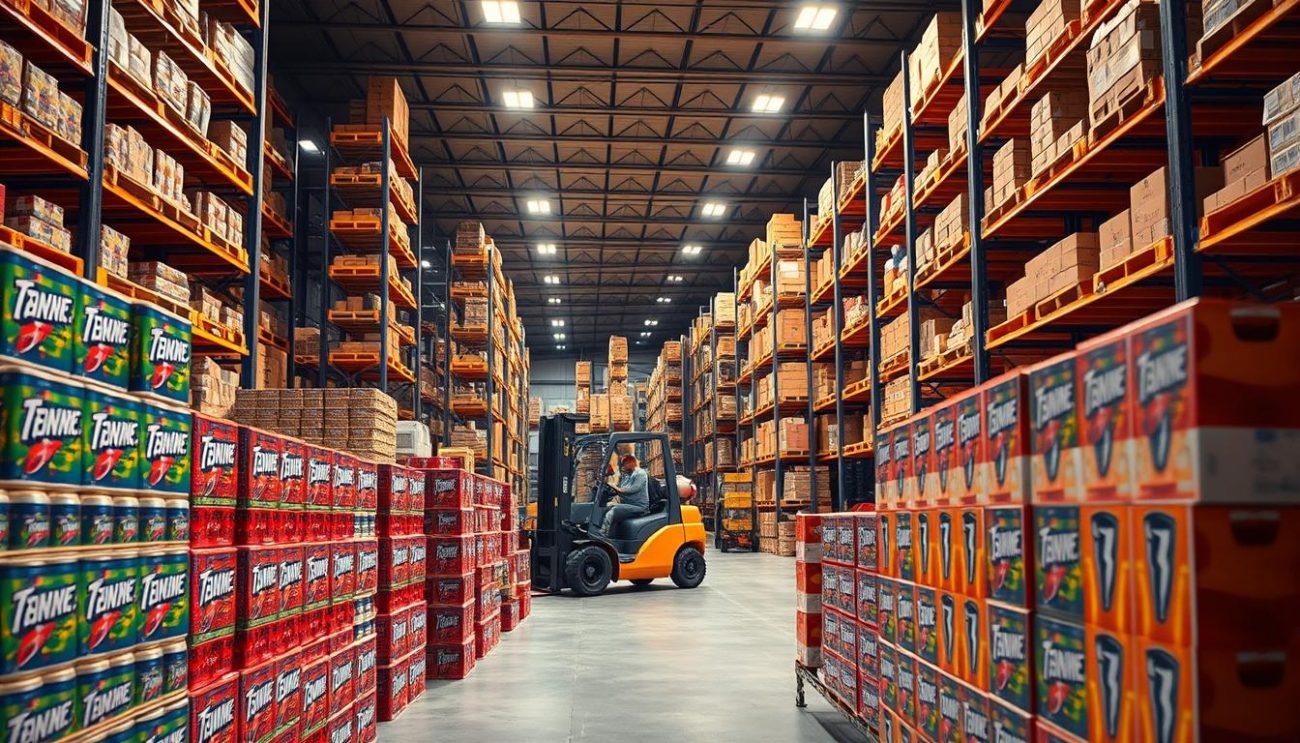 A high-contrast, vibrant image depicting a sleek, modern energy drink supplier's warehouse in Europe. The foreground showcases rows of stacked energy drink cases, their labels prominently featuring the brand name and logos. The middle ground features forklifts and workers efficiently loading and unloading the products, conveying a sense of a well-oiled distribution operation. The background shows towering racks, shelves, and storage units, all bathed in warm, directional lighting that casts dramatic shadows, emphasizing the scale and efficiency of the facility. The overall atmosphere is one of a thriving, competitive energy drink distribution business, ready to meet the demands of the European market.
