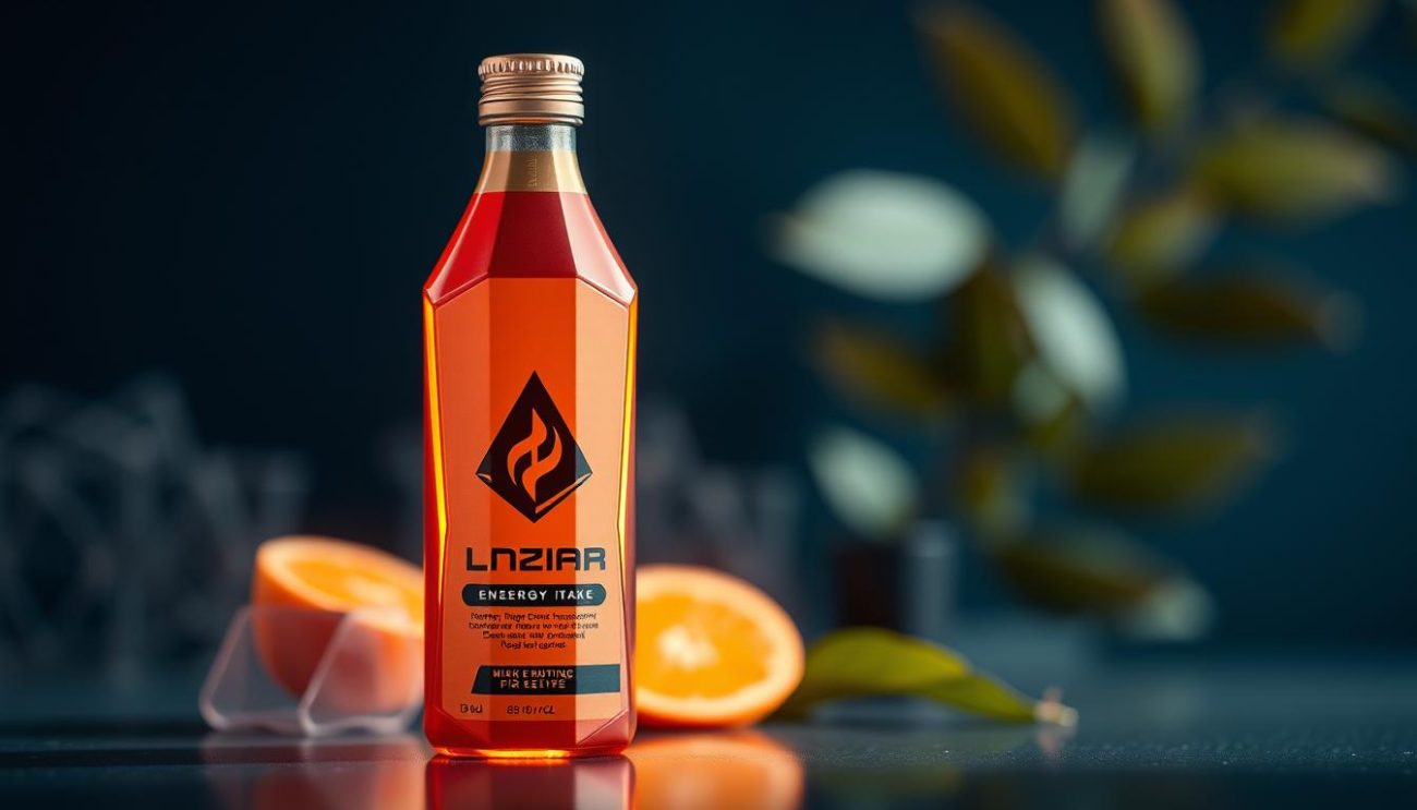 A high-end, exclusive energy drink label design with a sleek, modern aesthetic. In the foreground, the drink bottle is depicted with a minimalist, geometric shape in a bold, metallic color scheme. The label features a striking, abstract logo and typography in a high-contrast palette. Backlighting creates a sense of depth and premium quality. In the middle ground, a blurred, hazy background of natural, organic elements such as leaves or fruit adds a subtle, nature-inspired touch. The overall mood is one of sophisticated, high-end luxury and refined, elite branding.