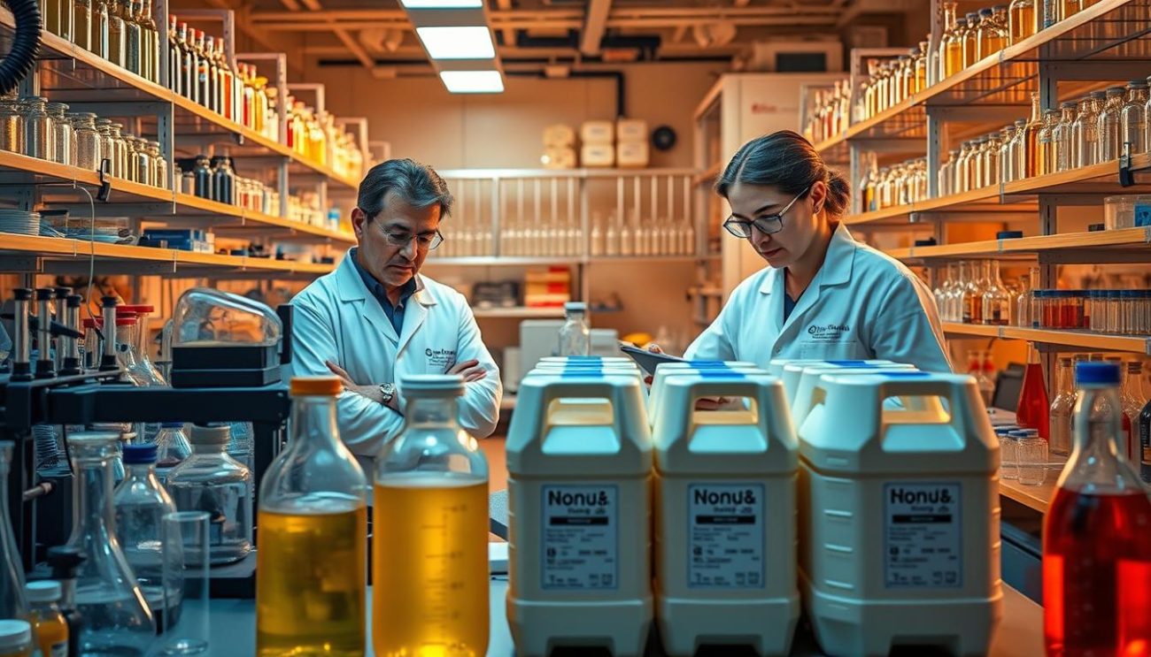 A high-end laboratory setting with rows of neatly arranged glass beakers, test tubes, and pipettes. Sophisticated scientific equipment lines the shelves, bathed in warm, focused lighting that accentuates the precision and care taken in this expert-approved beverage research. In the foreground, a team of lab-coated scientists intently study data readouts, their expressions conveying a sense of diligent concentration. The middle ground showcases meticulously labeled bulk containers, ready to be shipped to discerning European customers seeking the latest innovations in healthy soda options. The overall atmosphere is one of rigor, innovation, and a commitment to delivering products that have undergone thorough, impartial scrutiny.