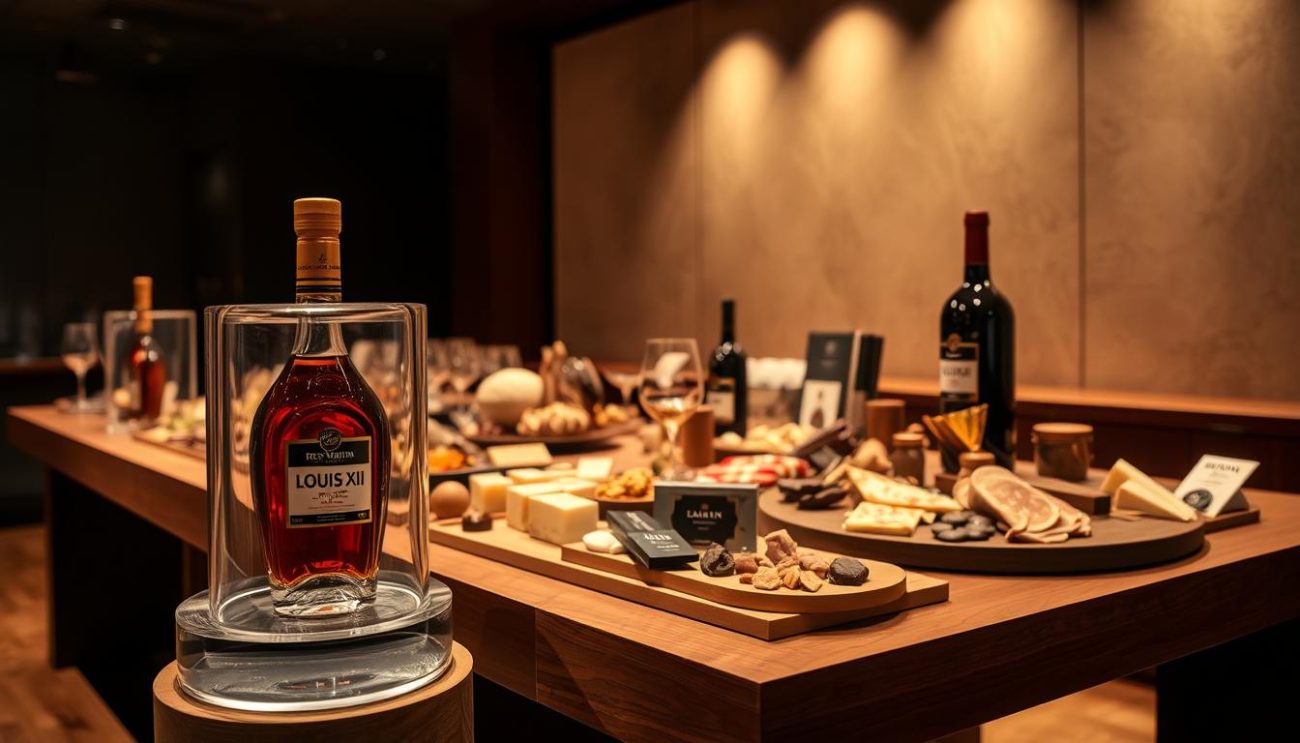 A high-end, luxurious display showcasing premium products. In the foreground, a glass-enclosed pedestal presents a bottle of Rémy Martin LOUIS XIII cognac, its rich amber hue and elegant design radiating sophistication. The middle ground features various artisanal food items, such as gourmet cheeses, cured meats, and premium chocolates, all expertly arranged on a sleek, polished wooden table. The background is a warm, chiaroscuro-lit environment, with subtle textures and patterns in the walls and floors, creating a sense of exclusivity and refinement. Soft, directional lighting highlights the premium quality and craftsmanship of the products, while a minimal, high-end aesthetic permeates the entire scene.