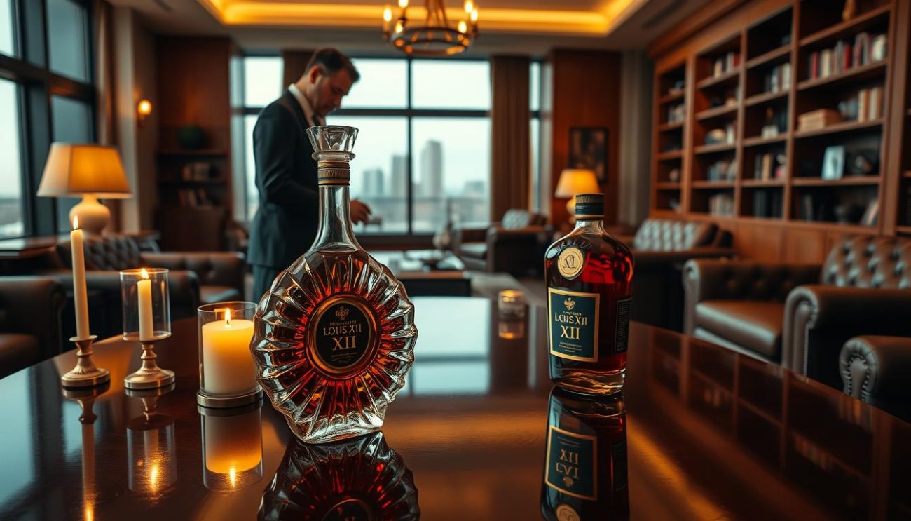 A high-end marketing campaign for Rémy Martin Louis XIII cognac, showcasing an elegant and sophisticated atmosphere. In the foreground, a crystal decanter of the prestigious spirit rests on a polished mahogany table, reflecting the warm glow of nearby candles. In the middle ground, a well-dressed business executive examines the bottle, contemplating its exclusive heritage and premium positioning. The background depicts a luxurious office setting, with leather armchairs, bookshelves, and a large window overlooking a city skyline. The lighting is soft and inviting, creating a sense of exclusivity and refinement. The overall scene conveys the strategic marketing approach required to promote this esteemed cognac brand to its discerning target audience.