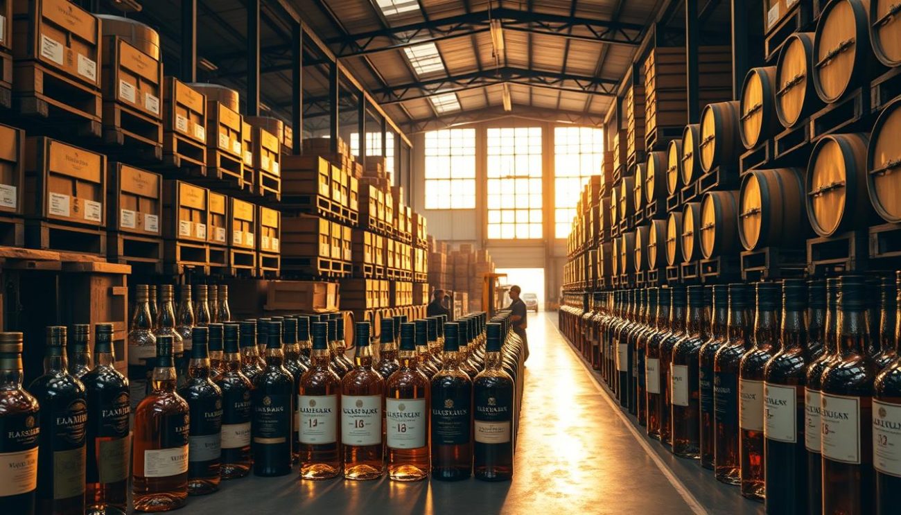A high-end whisky warehouse filled with neatly stacked crates and barrels, bathed in warm, golden light from large windows. Rows of premium bottles with distinct brand labels and elegant designs take center stage, showcasing the variety and quality of the products. Forklifts and workers in the background hint at the efficient logistics of a large-scale wholesale operation. The atmosphere conveys a sense of professionalism, expertise, and the promise of exclusive, bulk whisky deals for discerning B2B clients.